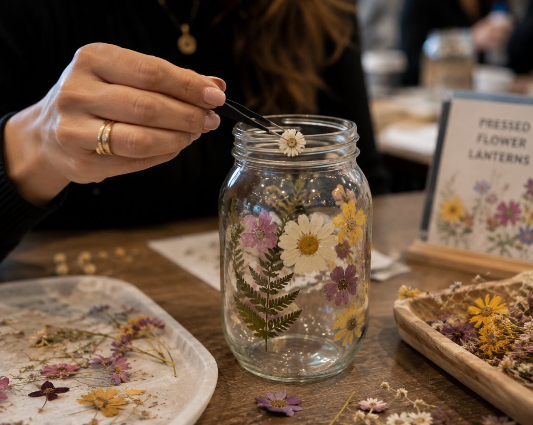 Guests making pressed flower lanterns and bookmarks