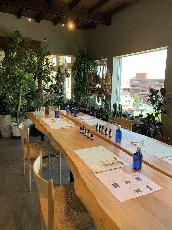 A prepared botanical workshop table with materials and plants