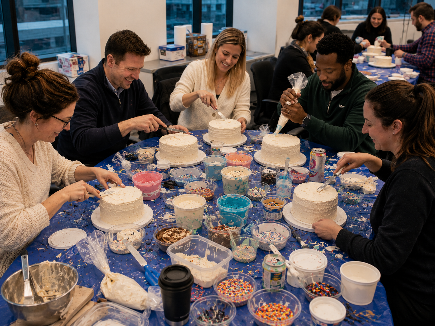 Corporate team decorating cakes together during a workshop