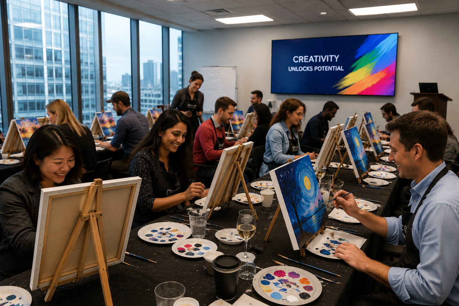 Corporate team painting canvases during a guided workshop