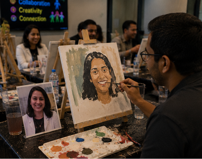 Participant painting a coworker portrait during a team workshop