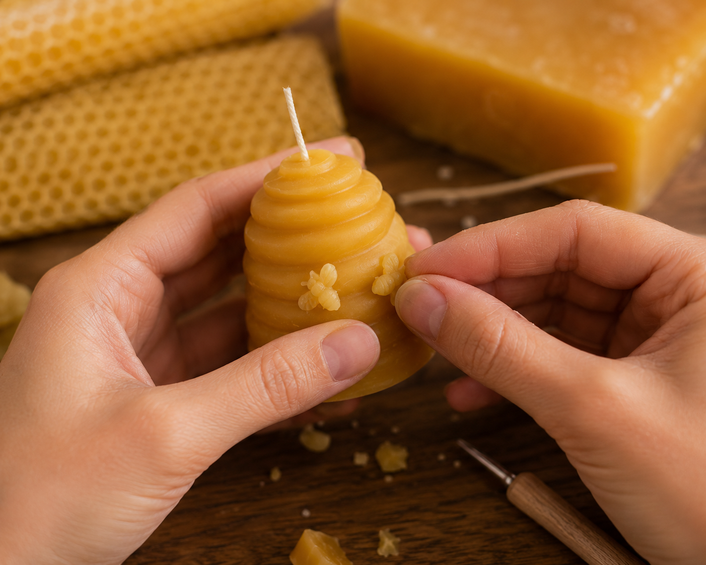 Hands decorating a beeswax candle during a Slow Made workshop