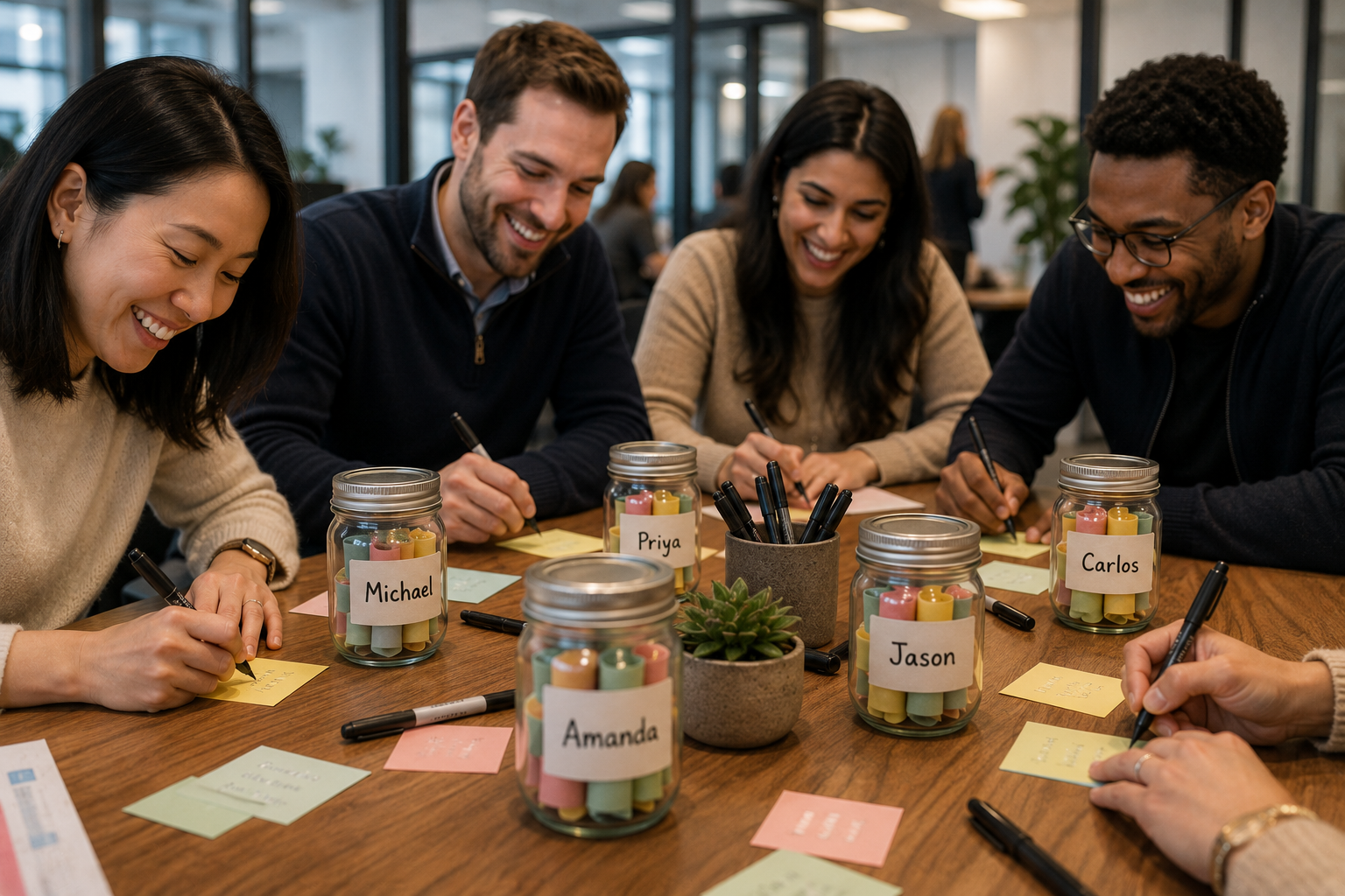 Team members writing notes for a time capsule workshop